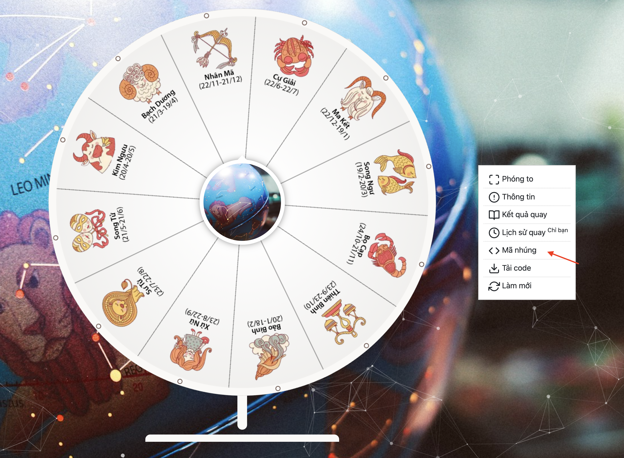 Bấm vào menu Mã Nhúng
