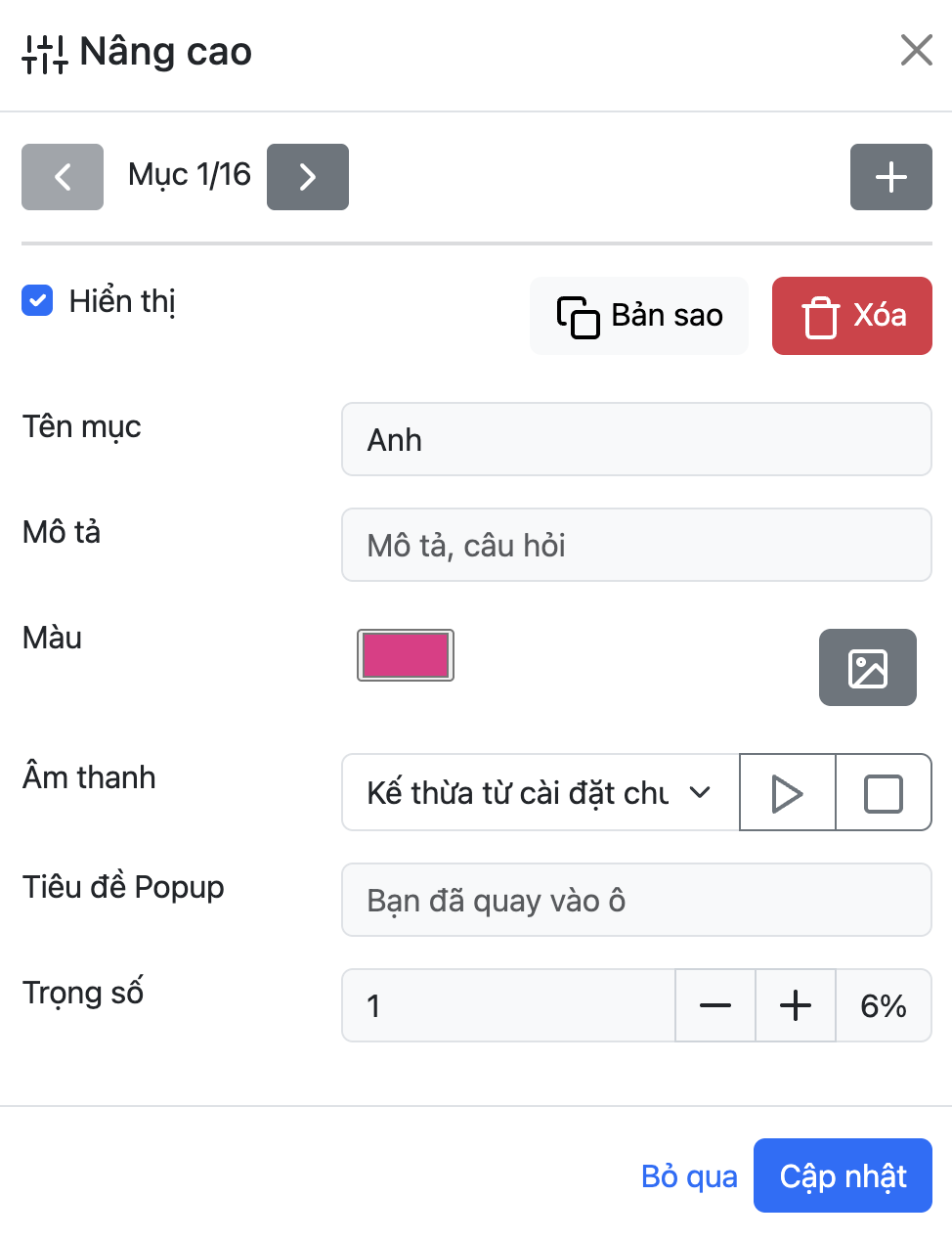 Chế độ nâng cao cho từng mục